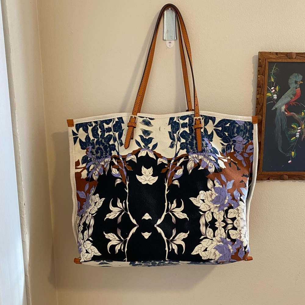 Anthropologie white, Purple, Brown and Blue Floral Boho Pattern Tote